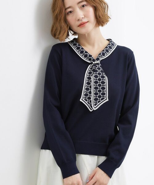 grove / グローブ ニット・セーター | スカーフ柄ボウタイニットプルオーバー（ネイビー(594)）