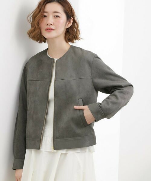 grove / グローブ ノーカラージャケット | スエードライク ノーカラーブルゾン(チャコールグレー(014))