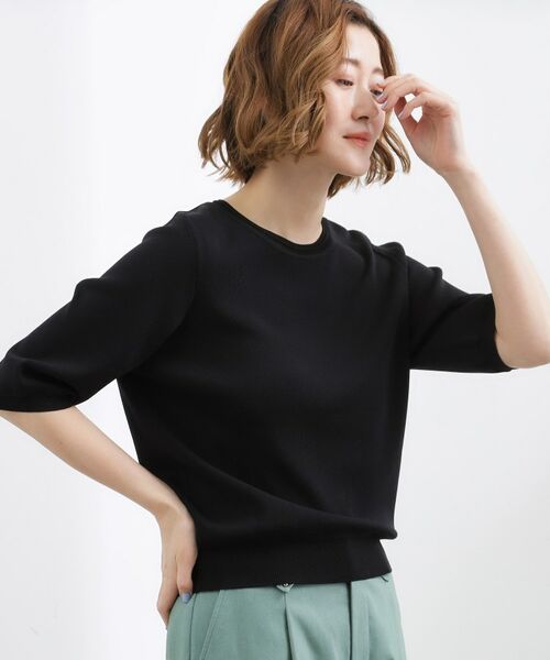 grove / グローブ ニット・セーター | やわらかドライタッチ 五分袖クルーネックニット（ブラック(019)）