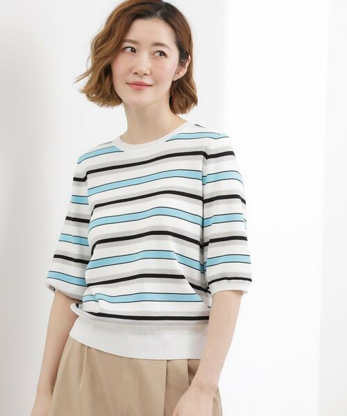 grove / グローブ ニット・セーター | やわらかドライタッチ 五分袖クルーネックニット（ブルー(391)）