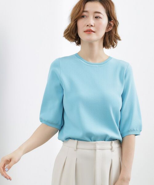 grove / グローブ ニット・セーター | やわらかドライタッチ 五分袖クルーネックニット（ブルー(092)）