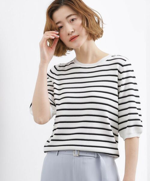 grove / グローブ ニット・セーター | やわらかドライタッチ 五分袖クルーネックニット（オフホワイト(303)）