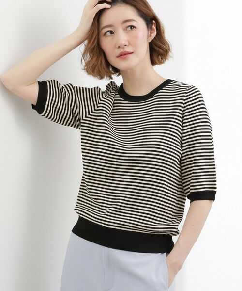 grove / グローブ ニット・セーター | やわらかドライタッチ 五分袖クルーネックニット（ブラック(319)）