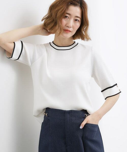 grove / グローブ ニット・セーター | やわらかドライタッチ 袖メッシュ編みニット（オフホワイト(003)）