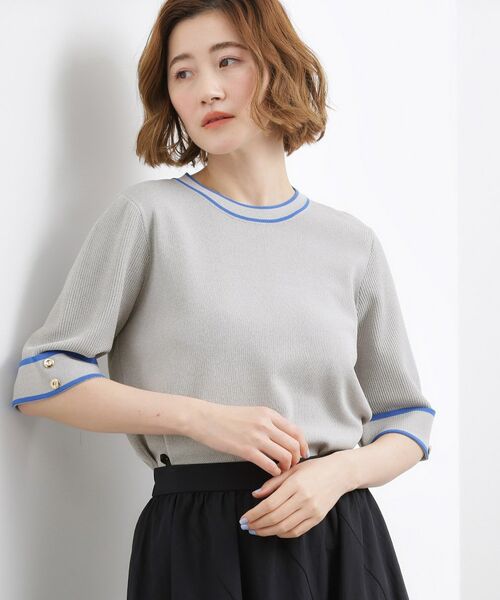 grove / グローブ ニット・セーター | やわらかドライタッチ 袖メッシュ編みニット（グレー(012)）