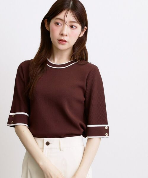 grove / グローブ ニット・セーター | 新色追加！【シリーズ累計36万枚/名品ニット】やわらかドライタッチ 袖メッシュ編みニット（ブラウン(044)）