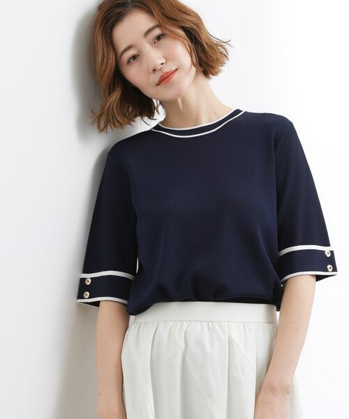 grove / グローブ ニット・セーター | やわらかドライタッチ 袖メッシュ編みニット（ネイビー(094)）