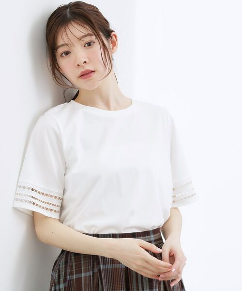 grove / グローブ カットソー | 袖口透かし刺繍Tシャツ(オフホワイト(003))