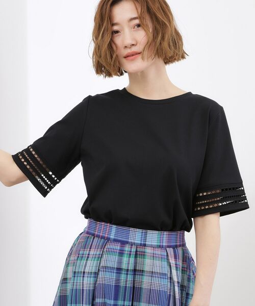 grove / グローブ カットソー | 袖口透かし刺繍Tシャツ(ブラック(019))