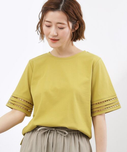 grove / グローブ カットソー | 袖口透かし刺繍Tシャツ(グリーン(025))