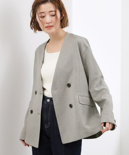 grove / グローブ ノーカラージャケット | リネンライクカラーレスジャケット（グレー(012)）