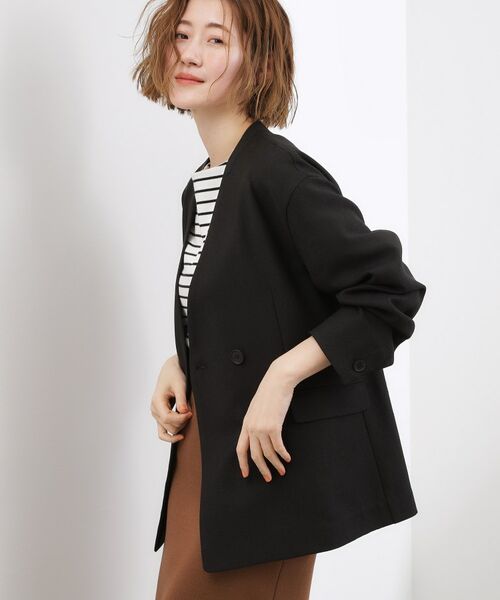 grove / グローブ ノーカラージャケット | リネンライクカラーレスジャケット（ブラック(019)）