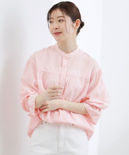 grove / グローブ シャツ・ブラウス | 【イージーケア・接触冷感】麻ブレンドスタンドギャザーシャツ | 詳細1