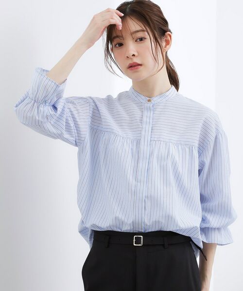 grove / グローブ シャツ・ブラウス | 【イージーケア・接触冷感】麻ブレンドスタンドギャザーシャツ(ブルー(391))