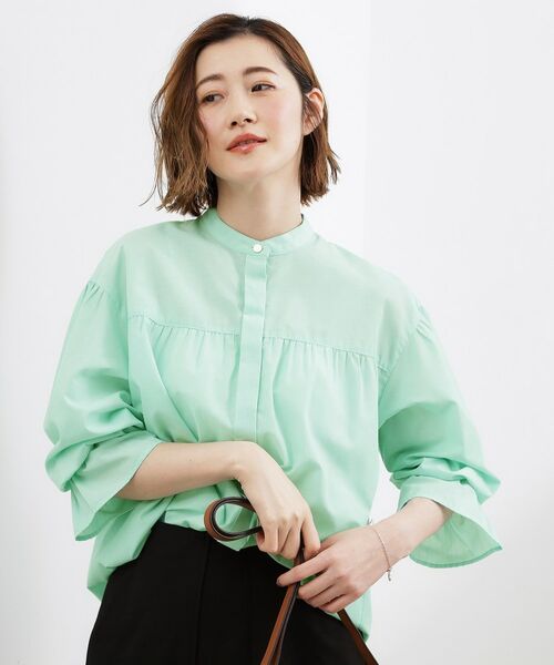 grove / グローブ シャツ・ブラウス | 【貴島明日香さん着用/イージーケア/接触冷感】麻ブレンドスタンドギャザーシャツ(ミントグリーン(021))