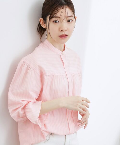 grove / グローブ シャツ・ブラウス | 【イージーケア・接触冷感】麻ブレンドスタンドギャザーシャツ(ライトピンク(370))