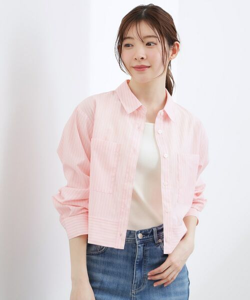 grove / グローブ シャツ・ブラウス | 【イージーケア・接触冷感】麻ブレンドクロップドシャツ(ライトピンク(370))