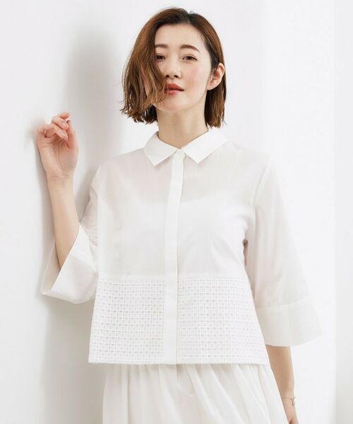 grove / グローブ シャツ・ブラウス | レースドッキング ロールアップシャツ（オフホワイト(003)）