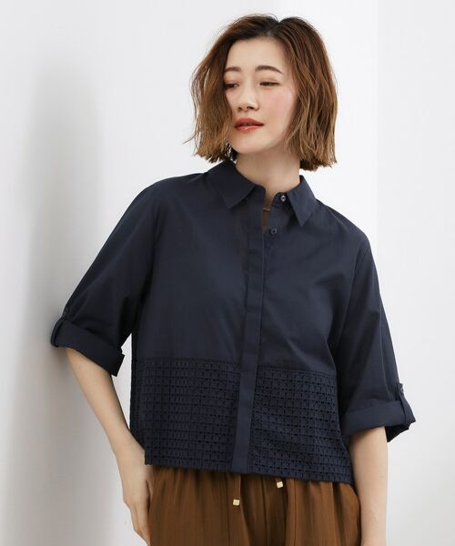 grove / グローブ シャツ・ブラウス | レースドッキング ロールアップシャツ（ネイビー(094)）