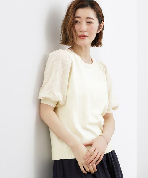 grove / グローブ ニット・セーター | 袖刺繍ハーフスリーブニットプルオーバー(オフホワイト(003))