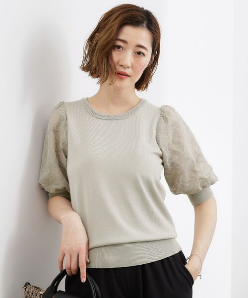 grove / グローブ ニット・セーター | 袖刺繍ハーフスリーブニットプルオーバー(ライトグレー(011))