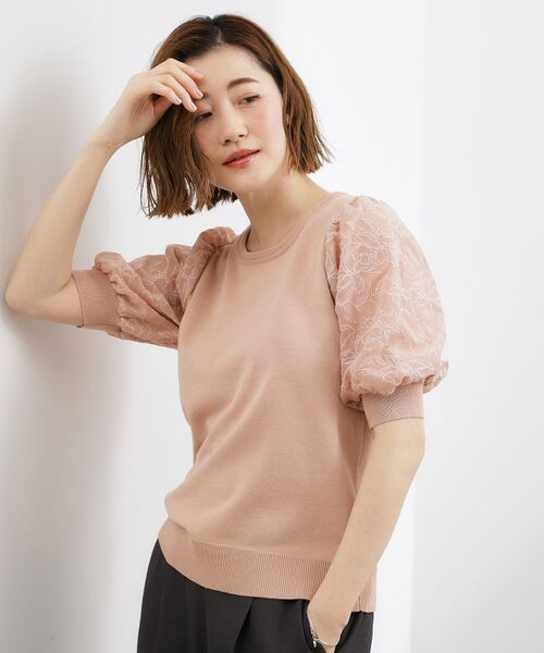 grove / グローブ ニット・セーター | 袖刺繍ハーフスリーブニットプルオーバー(ライトピンク(070))