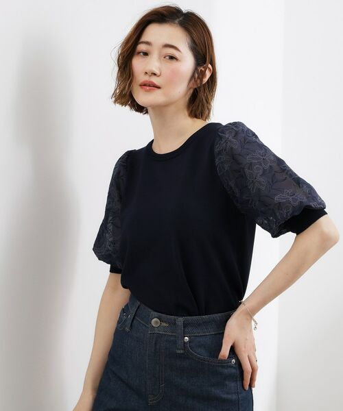 grove / グローブ ニット・セーター | 袖刺繍ハーフスリーブニットプルオーバー(ネイビー(094))