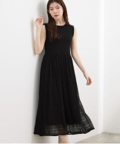 grove / グローブ ロング・マキシ丈ワンピース | リブニット×チェックチュール ドッキングワンピース