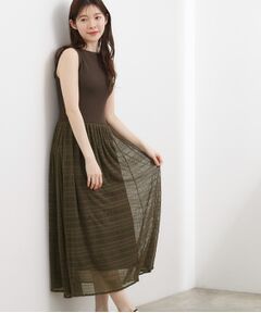 grove / グローブ ロング・マキシ丈ワンピース | リブニット×チェックチュール ドッキングワンピース