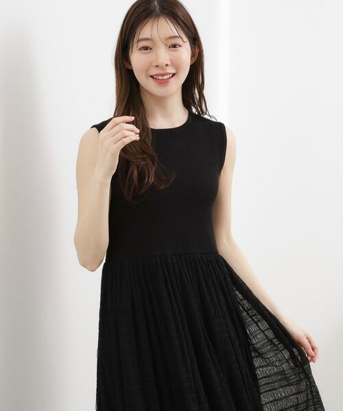 grove / グローブ ロング・マキシ丈ワンピース | リブニット×チェックチュール ドッキングワンピース | 詳細1
