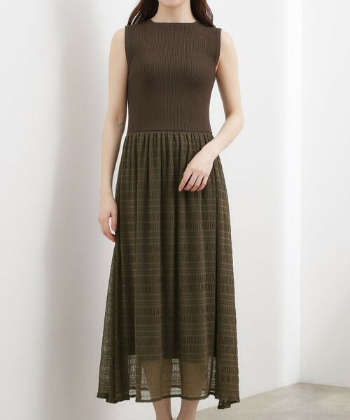 grove / グローブ ロング・マキシ丈ワンピース | リブニット×チェックチュール ドッキングワンピース | 詳細13