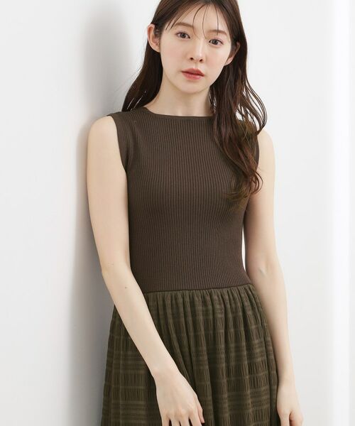 grove / グローブ ロング・マキシ丈ワンピース | リブニット×チェックチュール ドッキングワンピース | 詳細9