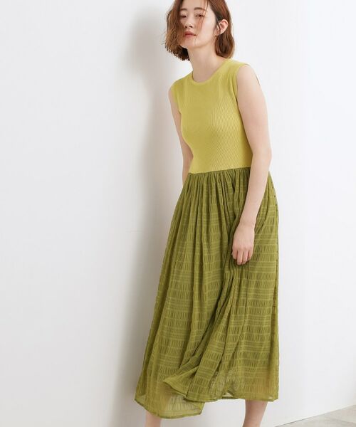 grove / グローブ ロング・マキシ丈ワンピース | リブニット×チェックチュール ドッキングワンピース（ピスタチオ(025)）