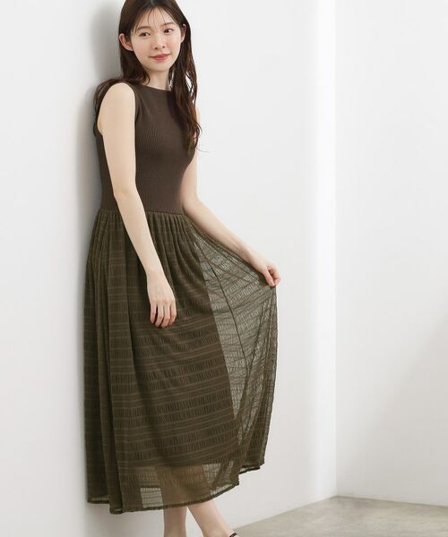 grove / グローブ ロング・マキシ丈ワンピース | リブニット×チェックチュール ドッキングワンピース（ブラウン(044)）