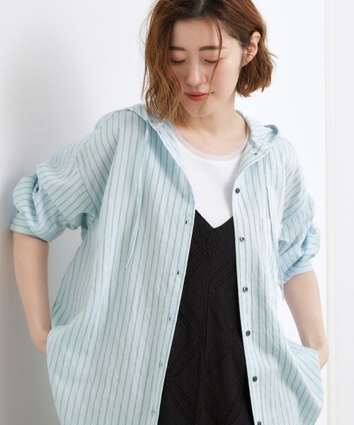 grove / グローブ シャツ・ブラウス | ストライプ フーディシャツ（ブルーストライプ(391)）