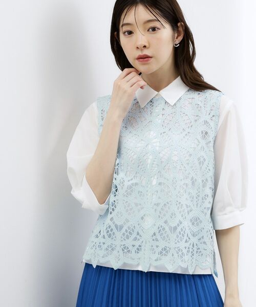 grove / グローブ シャツ・ブラウス | 【貴島明日香さん着用/2点SET】レースベスト×シアーブラウスSET（ブルー×オフ(091)）