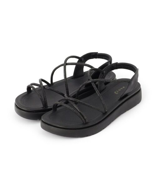 grove / グローブ サンダル | 【人間工学】ワンタッチラインストーンストラップ厚底サンダル（ブラック(019)）