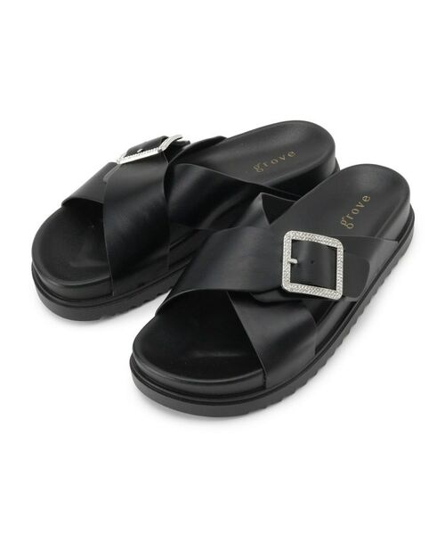 grove / グローブ サンダル | ビジューバックルクロスサンダル（ブラック(019)）