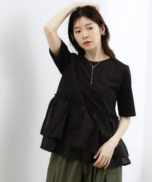 grove / グローブ Tシャツ | ウエストシアーフリルTシャツ（ブラック(019)）