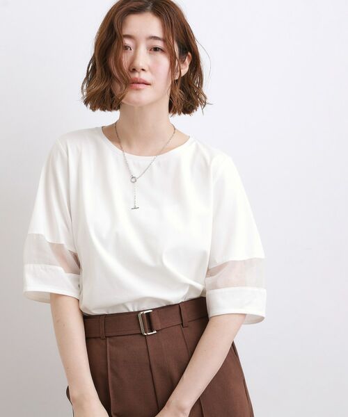 grove / グローブ Tシャツ | 【吸水速乾・UVカット・接触冷感・マシンウォッシャブル】シアードッキングランタンスリーブTシャツ(オフホワイト(003))