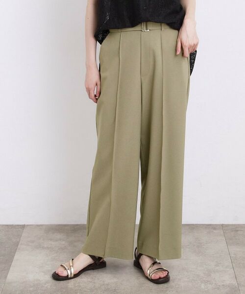 grove / グローブ パンツ | 【洗濯機OK・遮熱・ひんやり/SETUP可】シワになりにくい、ベルト付ワイドパンツ(カーキ(027))
