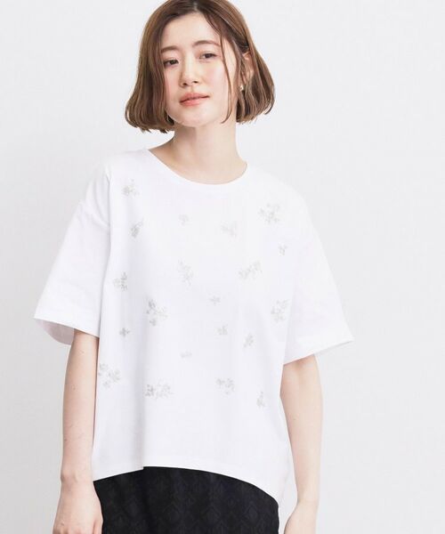 grove / グローブ カットソー | フラワーモチーフスパンコールTシャツ(オフホワイト(003))