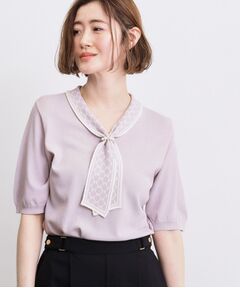 grove / グローブ ニット・セーター | スカーフ柄ボウタイ五分袖ニットプルオーバ―