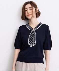 grove / グローブ ニット・セーター | スカーフ柄ボウタイ五分袖ニットプルオーバ―