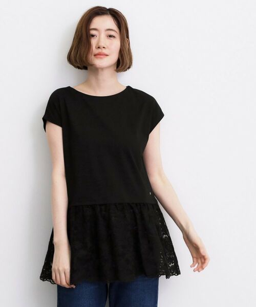 grove / グローブ カットソー | 【体型カバー】刺繍チュールレースドッキングカットソー(ブラック(019))