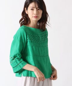 Harriss / ハリス シャツ・ブラウス | リネンレース7分袖ノーカラーブラウス