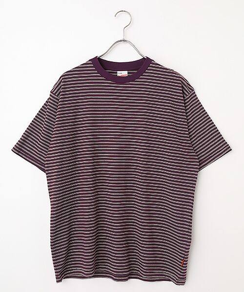 Healthknit / ヘルスニット Tシャツ | クラシックボーダー　クルーネック半袖Tシャツ（パープル×ライトグレー）