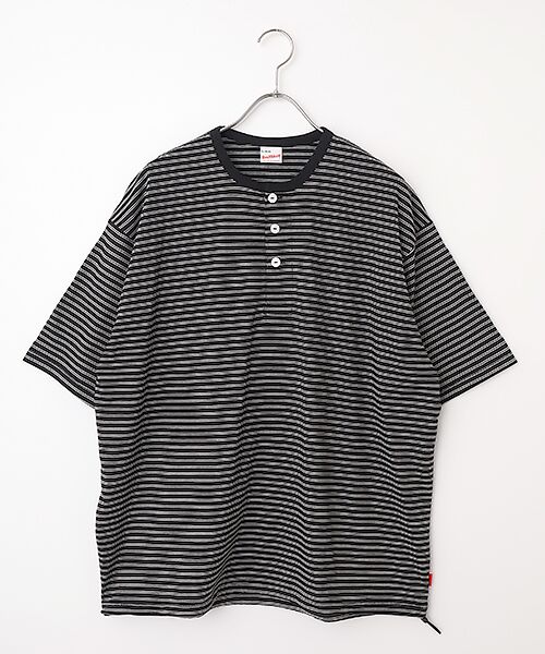 Healthknit / ヘルスニット Tシャツ | クラシックボーダー　ワイドヘンリーネック半袖Tシャツ（ブラック×ナチュラル）