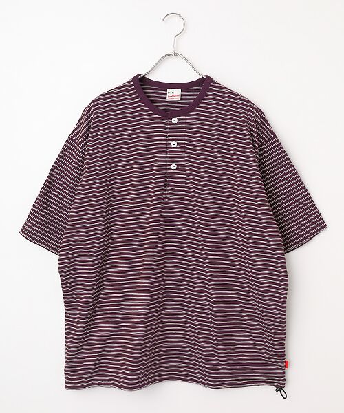 Healthknit / ヘルスニット Tシャツ | クラシックボーダー　ワイドヘンリーネック半袖Tシャツ（パープル×ライトグレー）
