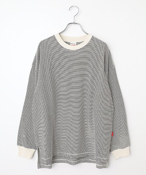 Healthknit / ヘルスニット Tシャツ | 【レディース】　ナローボーダー　サイドスリット　クルーネック長袖Tシャツ（ナチュラル×ブラック）